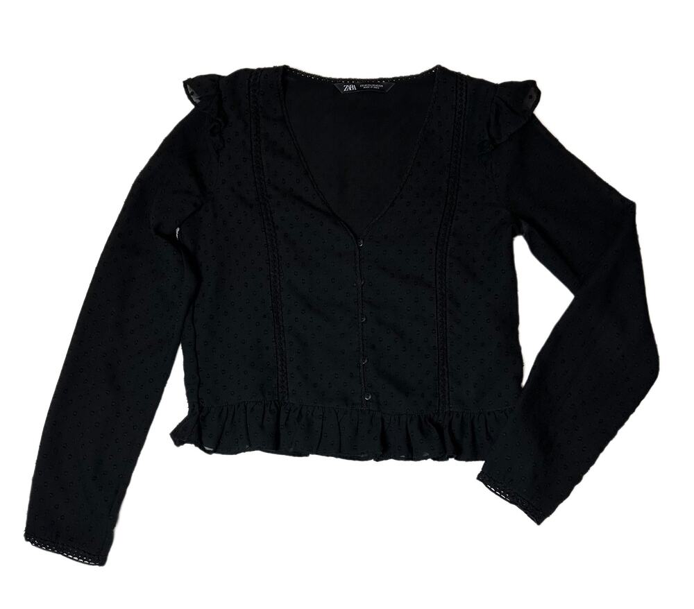 Zara Black Semi Sheer Chiffon Long Sleeve Blouse with Ruffle Hem